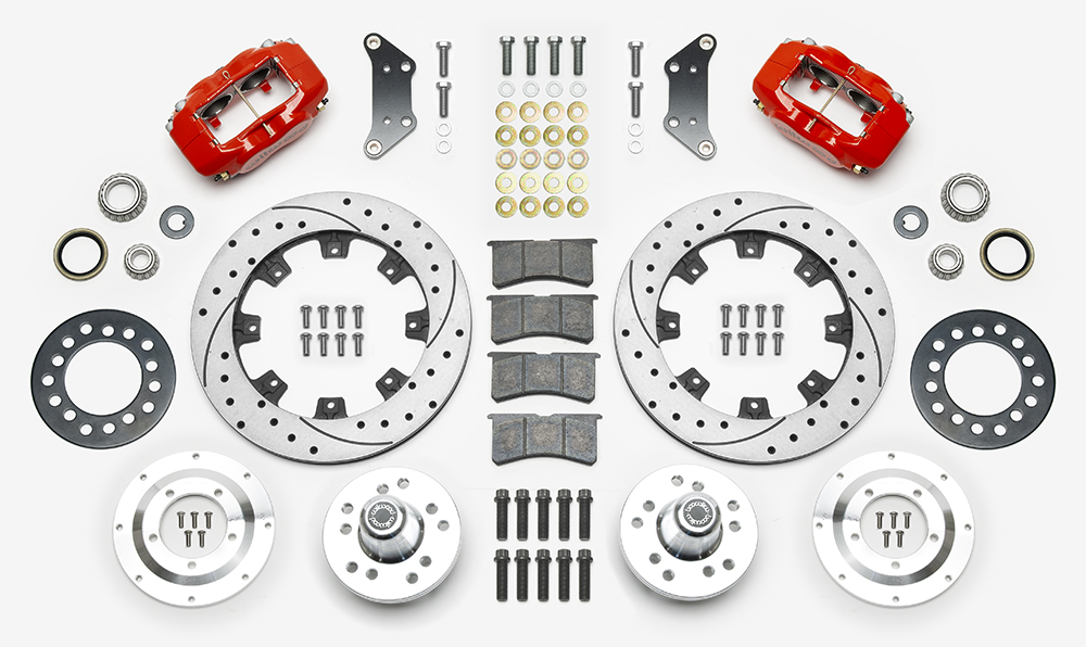 Wilwood Forged Dynalite Big Brake Front Brake Kit (Hub) Parts Laid Out - Red Powder Coat Caliper - SRP Drilled & Slotted Rotor