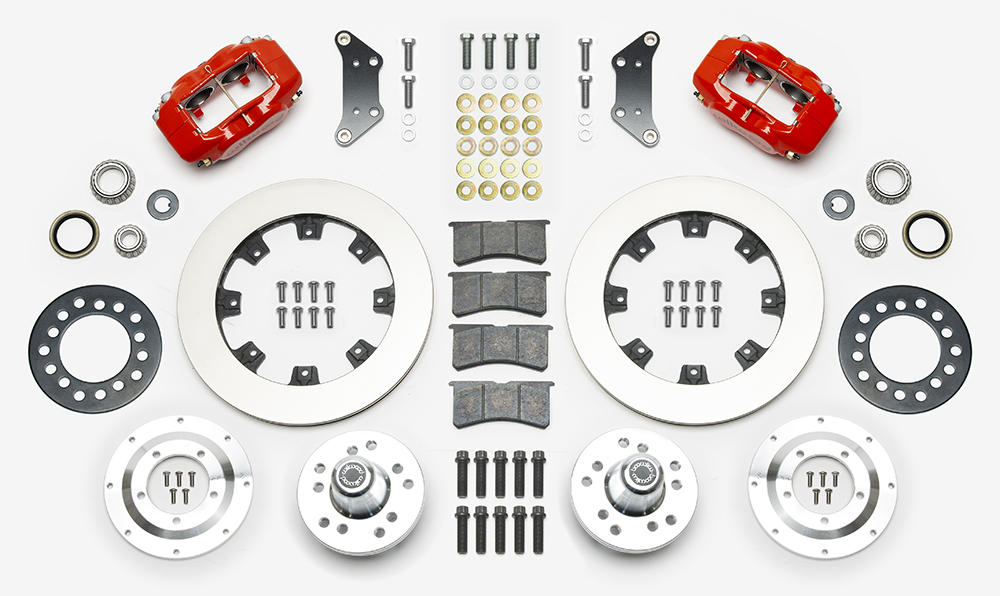 Wilwood Forged Dynalite Big Brake Front Brake Kit (Hub) Parts Laid Out - Red Powder Coat Caliper - Plain Face Rotor