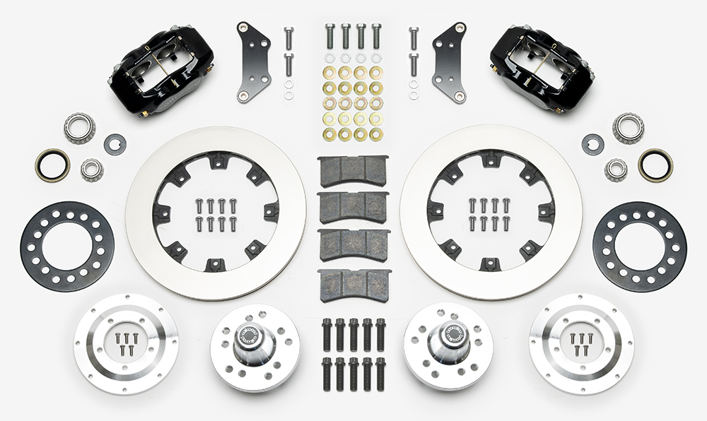 Wilwood Forged Dynalite Big Brake Front Brake Kit (Hub) Parts Laid Out - Black Powder Coat Caliper - Plain Face Rotor