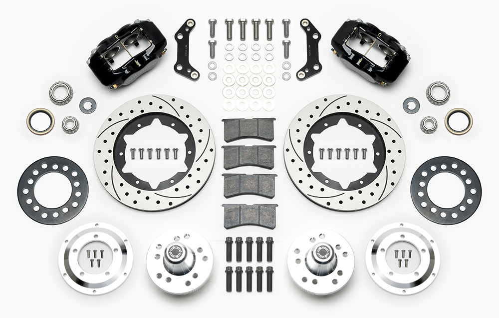 Wilwood Forged Dynalite Pro Series Front Brake Kit Parts Laid Out - Black Powder Coat Caliper - SRP Drilled & Slotted Rotor