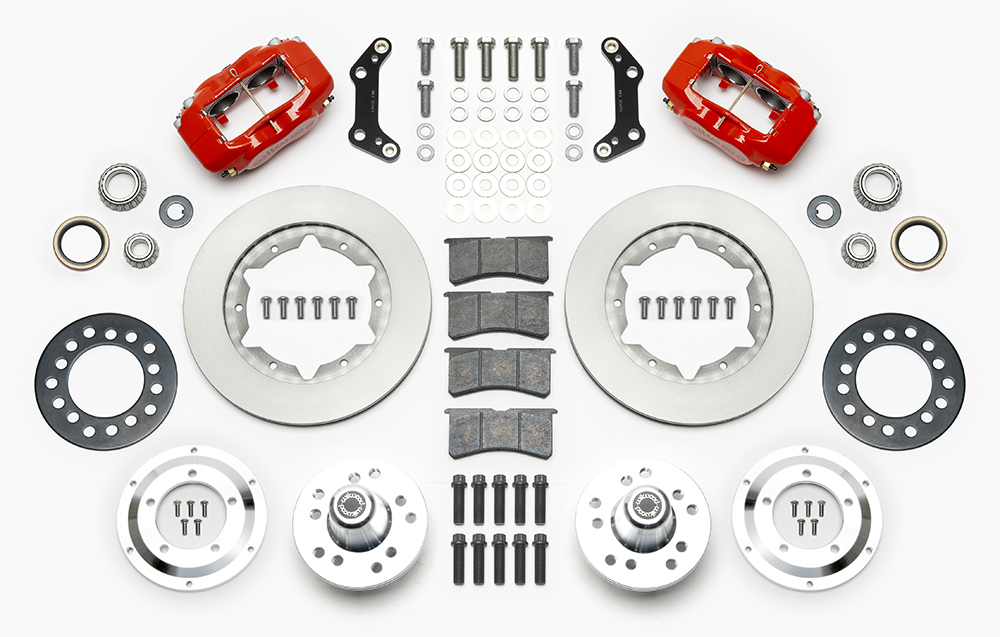 Wilwood Forged Dynalite Pro Series Front Brake Kit Parts Laid Out - Red Powder Coat Caliper - Plain Face Rotor