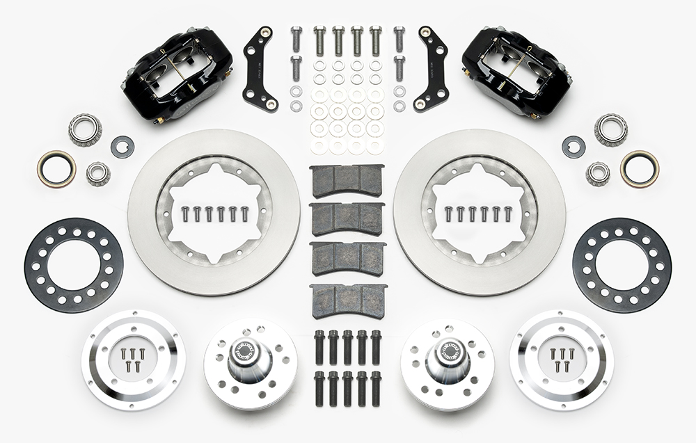 Wilwood Forged Dynalite Pro Series Front Brake Kit Parts Laid Out - Black Powder Coat Caliper - Plain Face Rotor