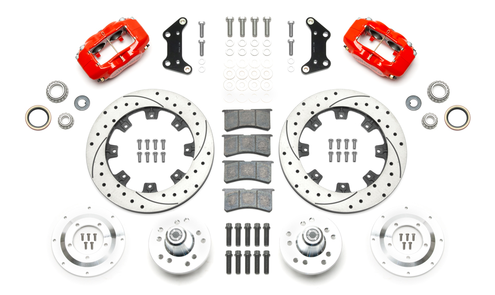 Wilwood Forged Dynalite Big Brake Front Brake Kit (Hub) Parts Laid Out - Red Powder Coat Caliper - SRP Drilled & Slotted Rotor