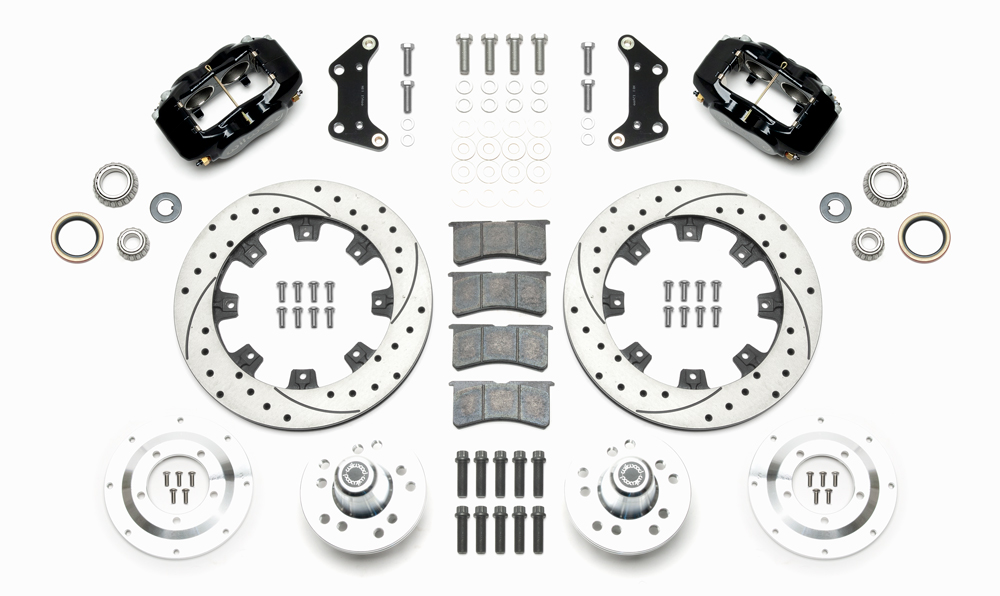 Wilwood Forged Dynalite Big Brake Front Brake Kit (Hub) Parts Laid Out - Black Powder Coat Caliper - SRP Drilled & Slotted Rotor