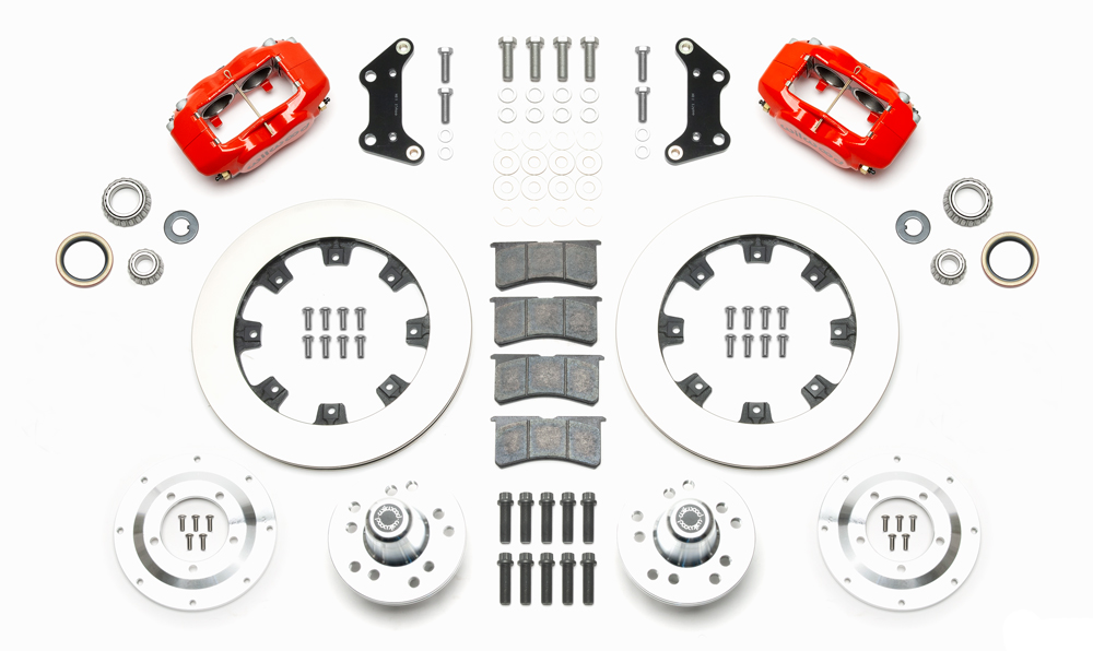 Wilwood Forged Dynalite Big Brake Front Brake Kit (Hub) Parts Laid Out - Red Powder Coat Caliper - Plain Face Rotor