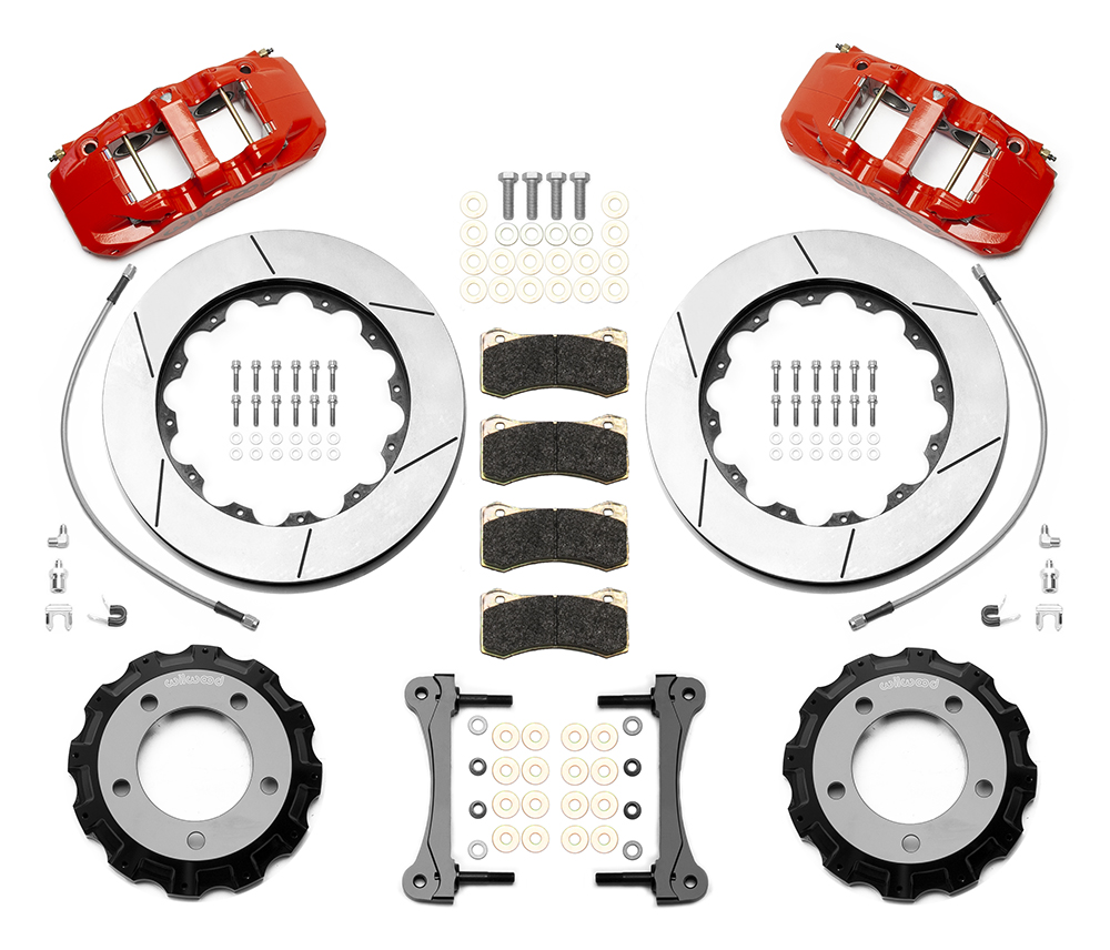 Wilwood AERO6 Big Brake Truck Front Brake Kit Parts Laid Out - Red Powder Coat Caliper - GT Slotted Rotor