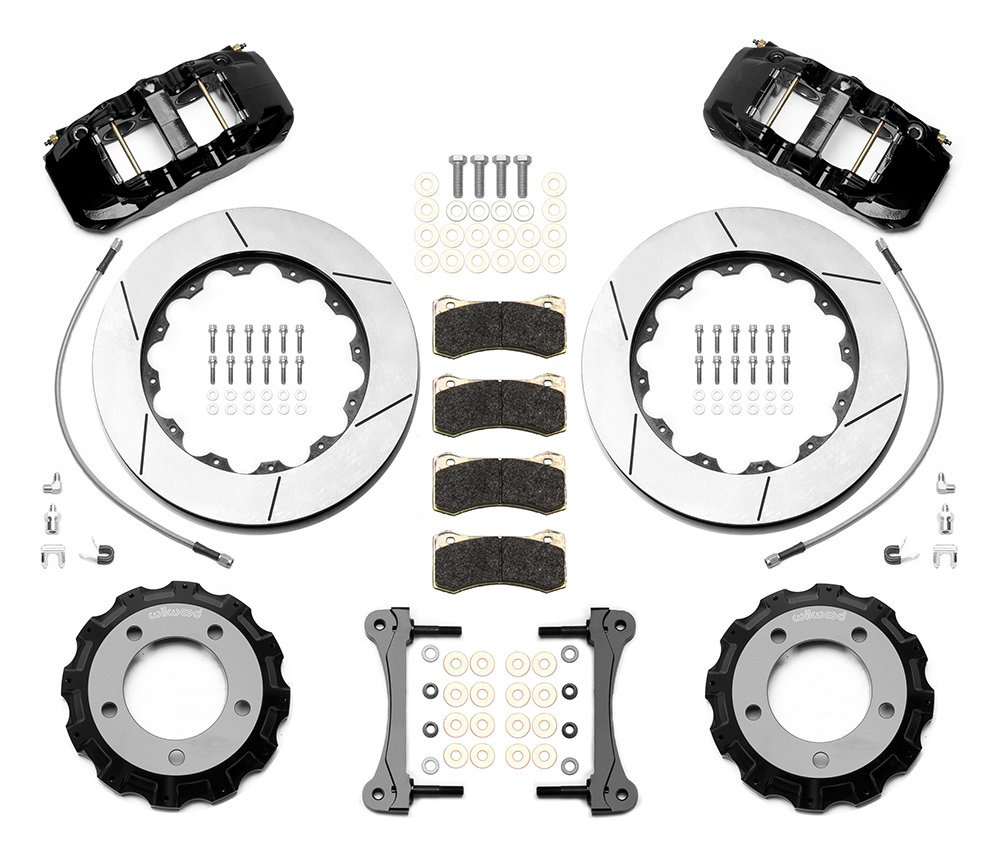 Wilwood AERO6 Big Brake Truck Front Brake Kit Parts Laid Out - Black Powder Coat Caliper - GT Slotted Rotor