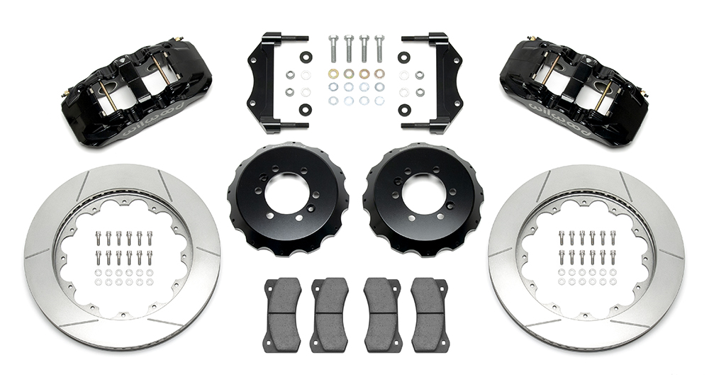 Wilwood AERO6 Big Brake Front Brake Kit Parts Laid Out - Black Powder Coat Caliper - GT Slotted Rotor