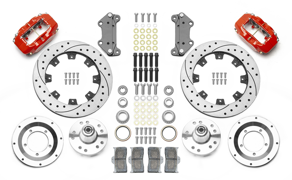 Wilwood Forged Dynalite Big Brake Front Brake Kit (Hub) Parts Laid Out - Red Powder Coat Caliper - SRP Drilled & Slotted Rotor