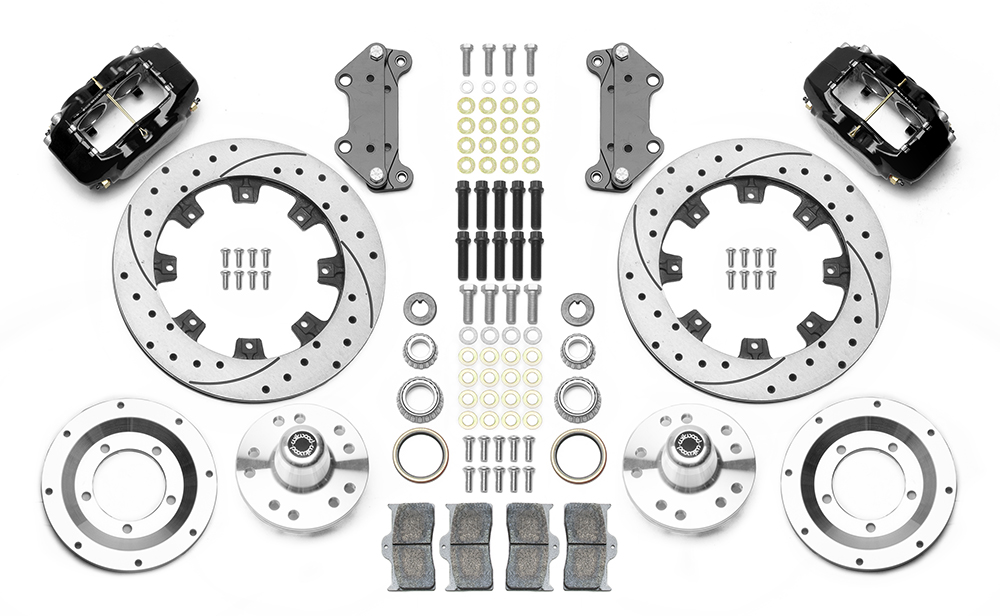 Wilwood Forged Dynalite Big Brake Front Brake Kit (Hub) Parts Laid Out - Black Powder Coat Caliper - SRP Drilled & Slotted Rotor