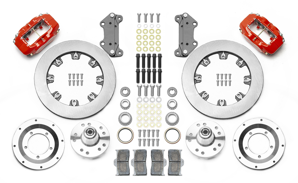 Wilwood Forged Dynalite Big Brake Front Brake Kit (Hub) Parts Laid Out - Red Powder Coat Caliper - Plain Face Rotor