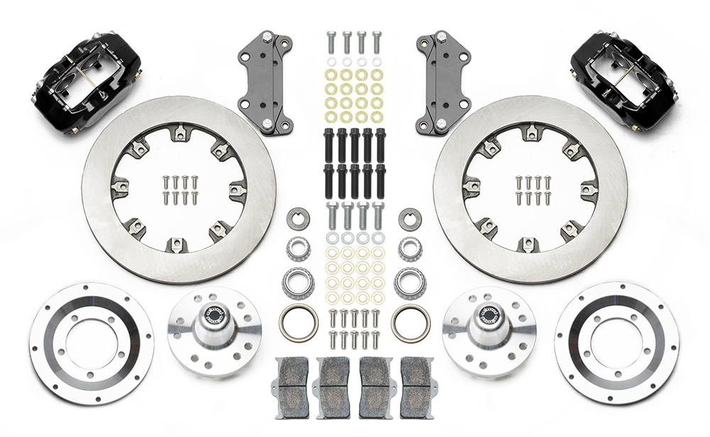 Wilwood Forged Dynalite Big Brake Front Brake Kit (Hub) Parts Laid Out - Black Powder Coat Caliper - Plain Face Rotor