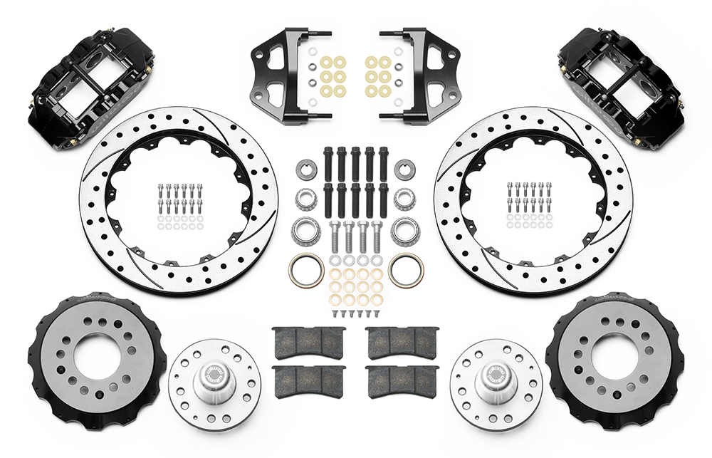 Wilwood Forged Narrow Superlite 6R Big Brake Front Brake Kit (Hub) Parts Laid Out - Black Powder Coat Caliper - SRP Drilled & Slotted Rotor