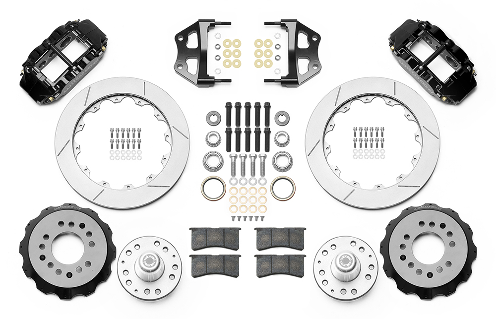 Wilwood Forged Narrow Superlite 6R Big Brake Front Brake Kit (Hub) Parts Laid Out - Black Powder Coat Caliper - GT Slotted Rotor