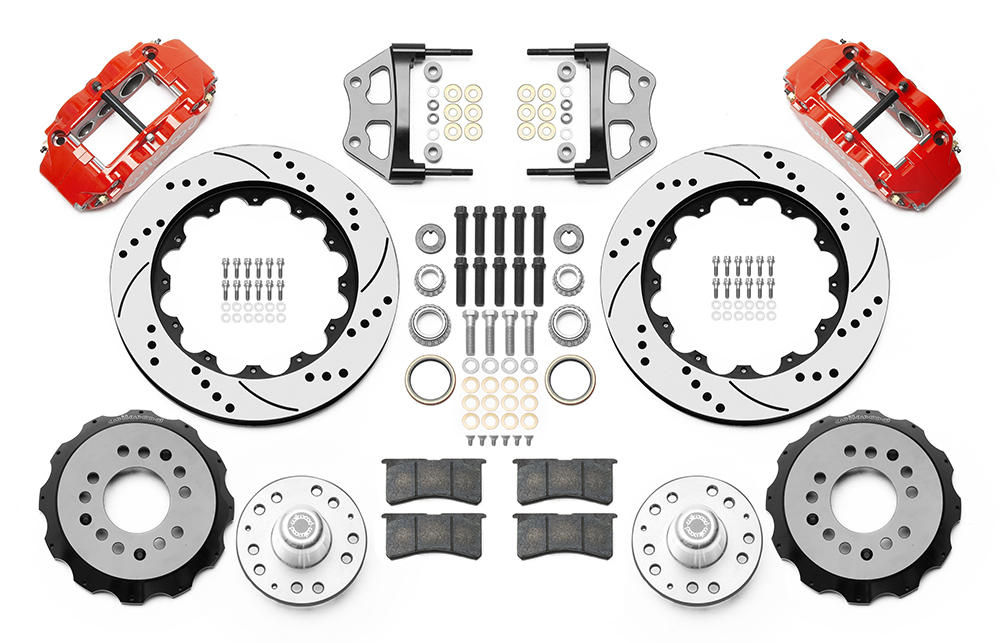 Wilwood Forged Narrow Superlite 6R Big Brake Front Brake Kit (Hub) Parts Laid Out - Red Powder Coat Caliper - SRP Drilled & Slotted Rotor