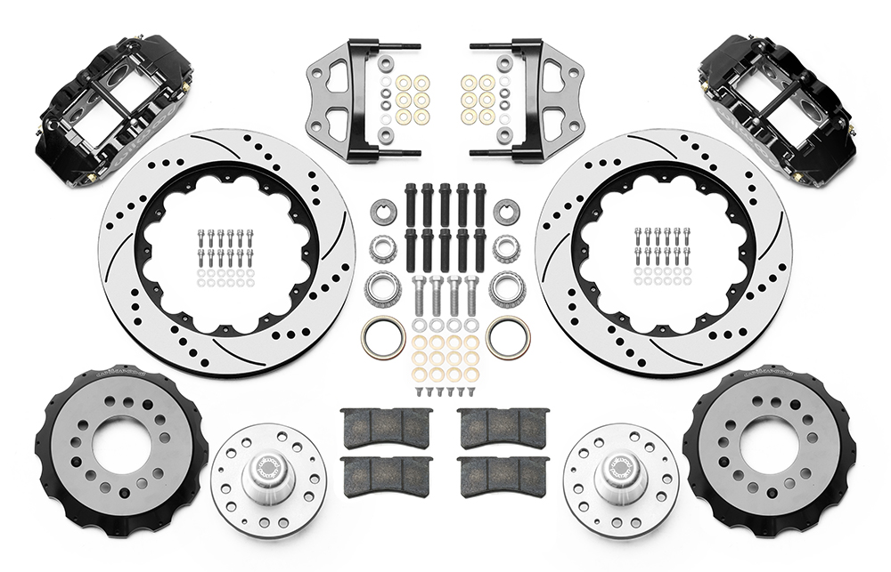 Wilwood Forged Narrow Superlite 6R Big Brake Front Brake Kit (Hub) Parts Laid Out - Black Powder Coat Caliper - SRP Drilled & Slotted Rotor