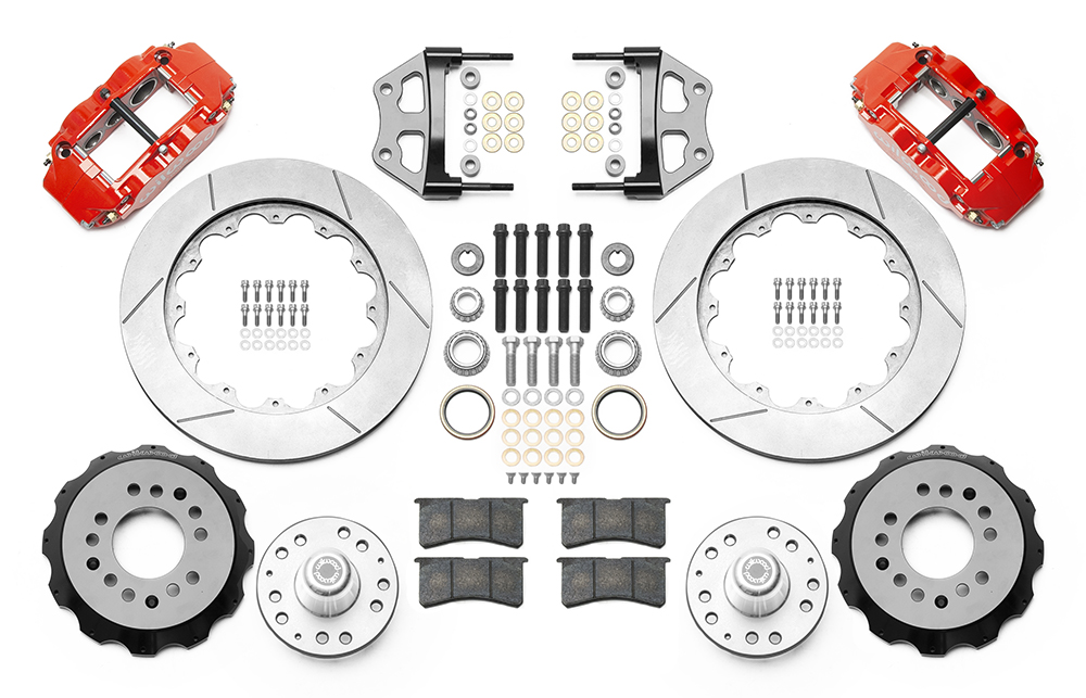 Wilwood Forged Narrow Superlite 6R Big Brake Front Brake Kit (Hub) Parts Laid Out - Red Powder Coat Caliper - GT Slotted Rotor