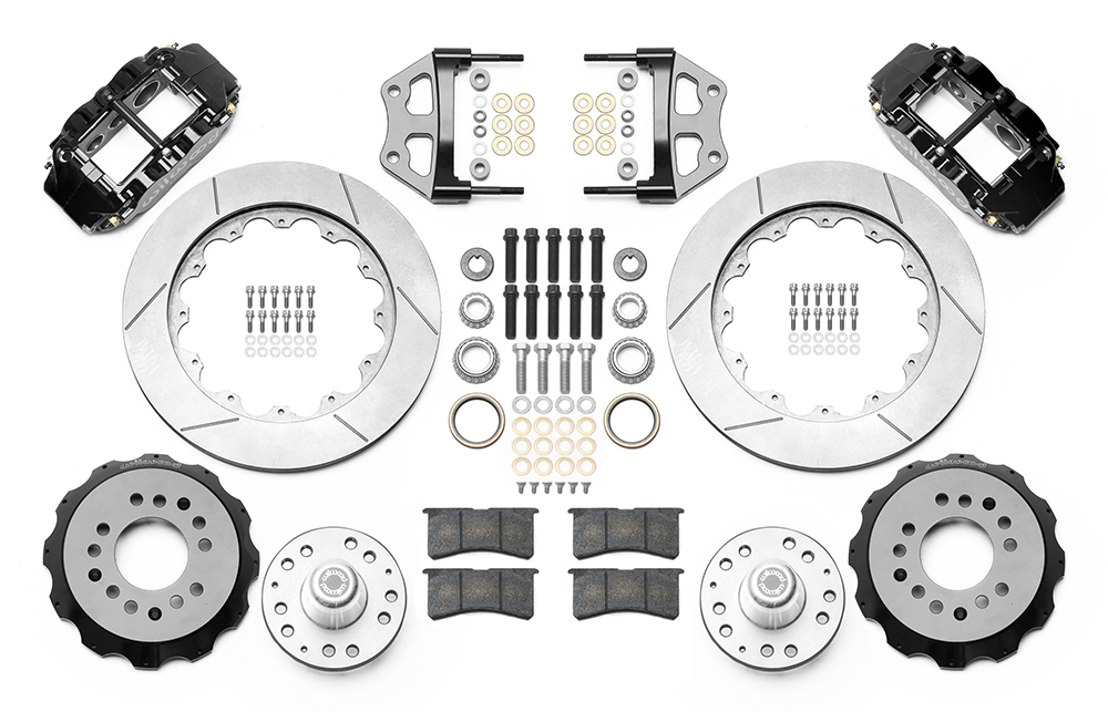 Wilwood Forged Narrow Superlite 6R Big Brake Front Brake Kit (Hub) Parts Laid Out - Black Powder Coat Caliper - GT Slotted Rotor