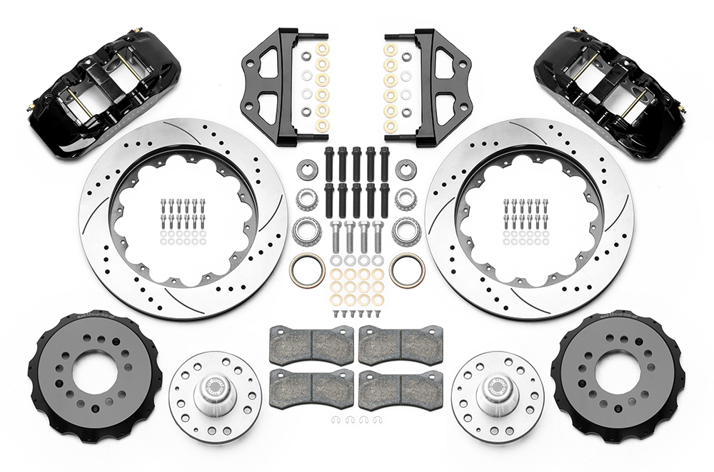 Wilwood AERO6 Big Brake Front Brake Kit Parts Laid Out - Black Powder Coat Caliper - SRP Drilled & Slotted Rotor