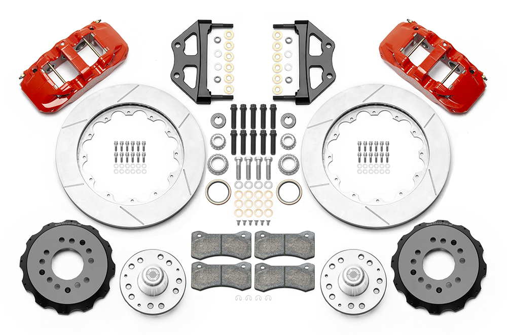 Wilwood AERO6 Big Brake Front Brake Kit Parts Laid Out - Red Powder Coat Caliper - GT Slotted Rotor