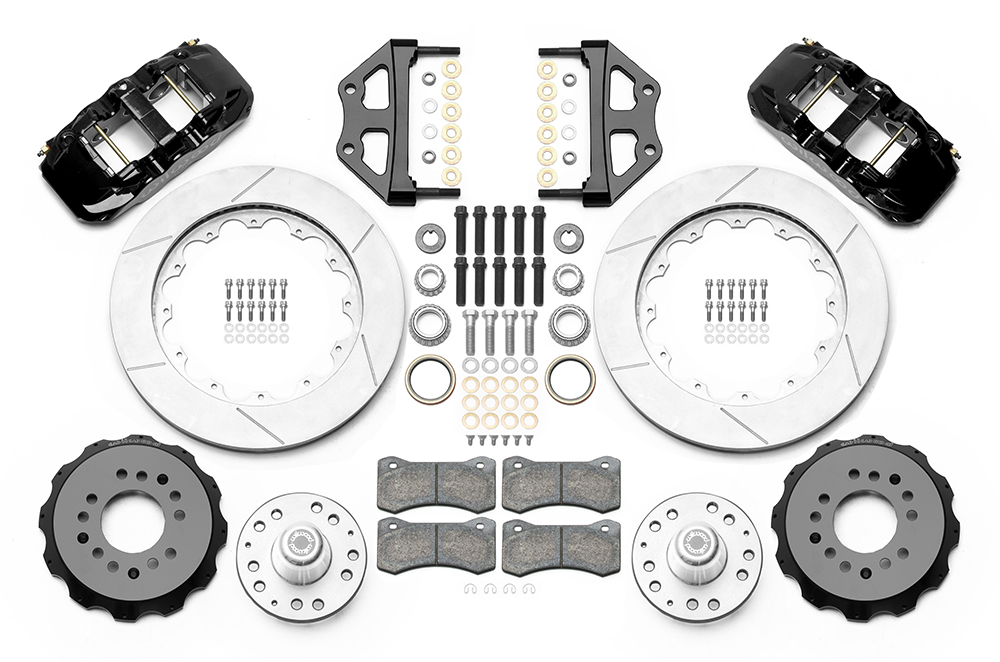 Wilwood AERO6 Big Brake Front Brake Kit Parts Laid Out - Black Powder Coat Caliper - GT Slotted Rotor