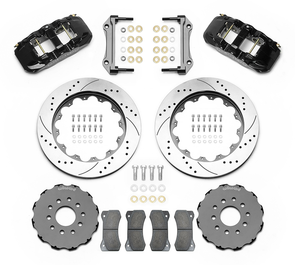 Wilwood AERO6 Big Brake Front Brake Kit Parts Laid Out - Black Powder Coat Caliper - SRP Drilled & Slotted Rotor