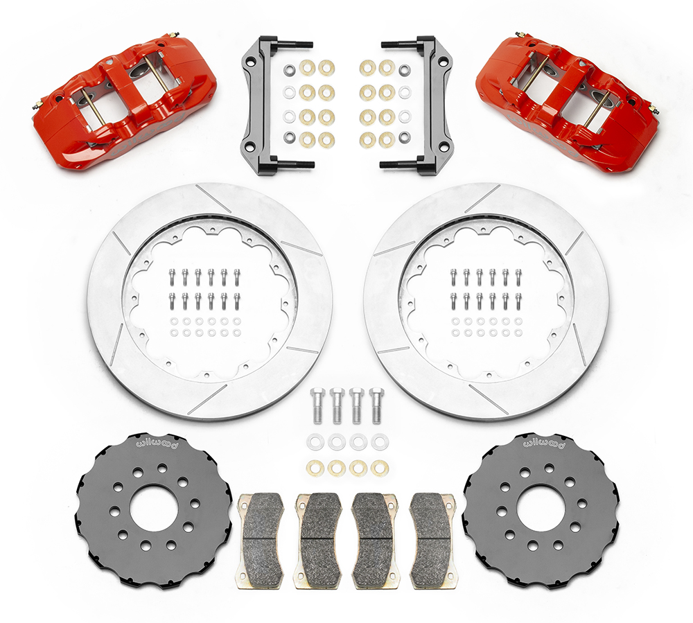 Wilwood AERO6 Big Brake Front Brake Kit Parts Laid Out - Red Powder Coat Caliper - GT Slotted Rotor