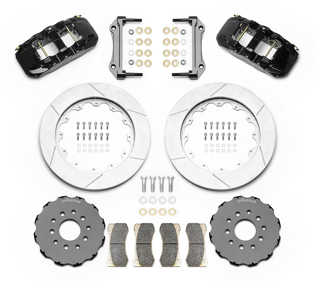 Wilwood AERO6 Big Brake Front Brake Kit Parts Laid Out - Black Powder Coat Caliper - GT Slotted Rotor