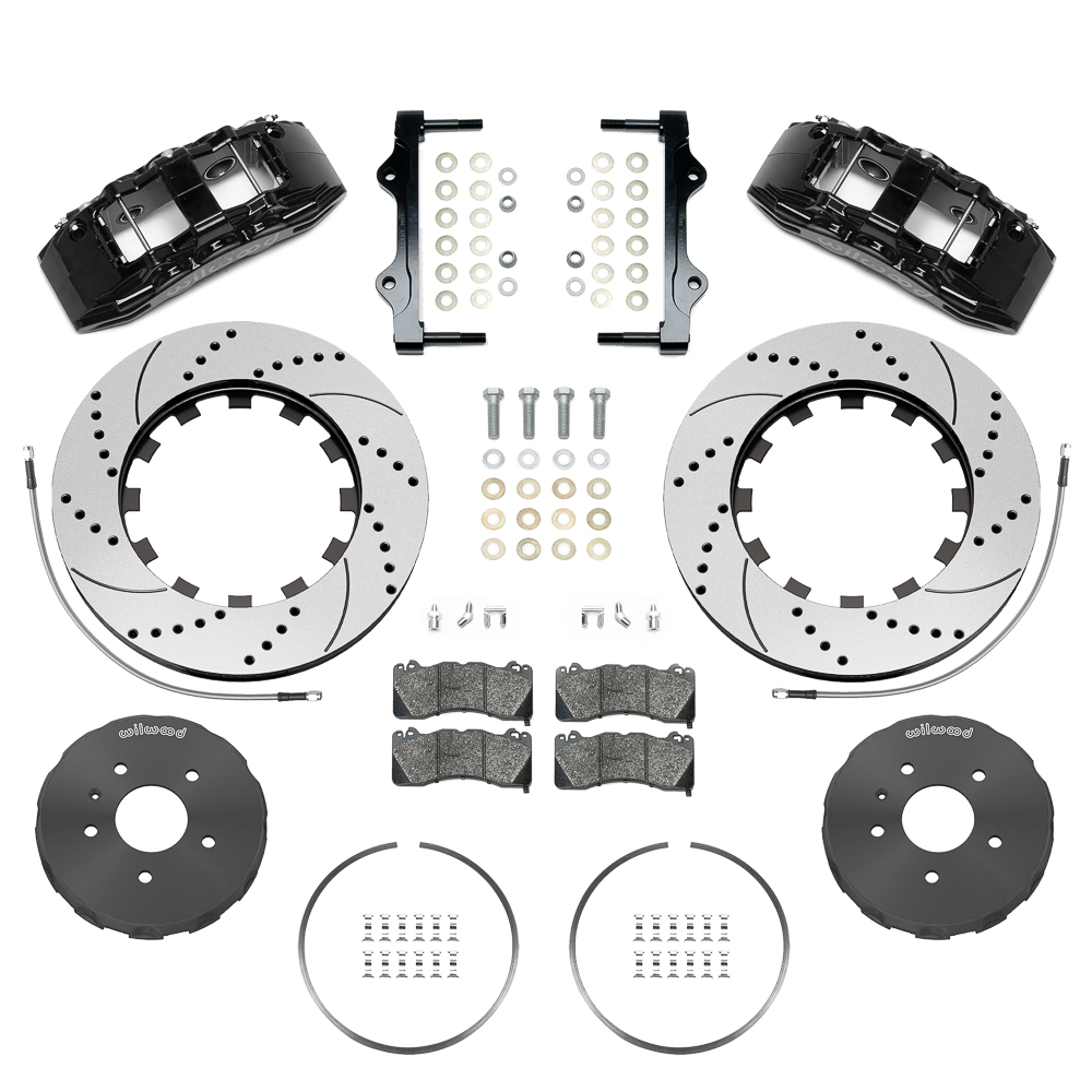 Wilwood SX6R Big Brake Dynamic Front Brake Kit Parts Laid Out - Black Powder Coat Caliper - SRP Drilled & Slotted Rotor