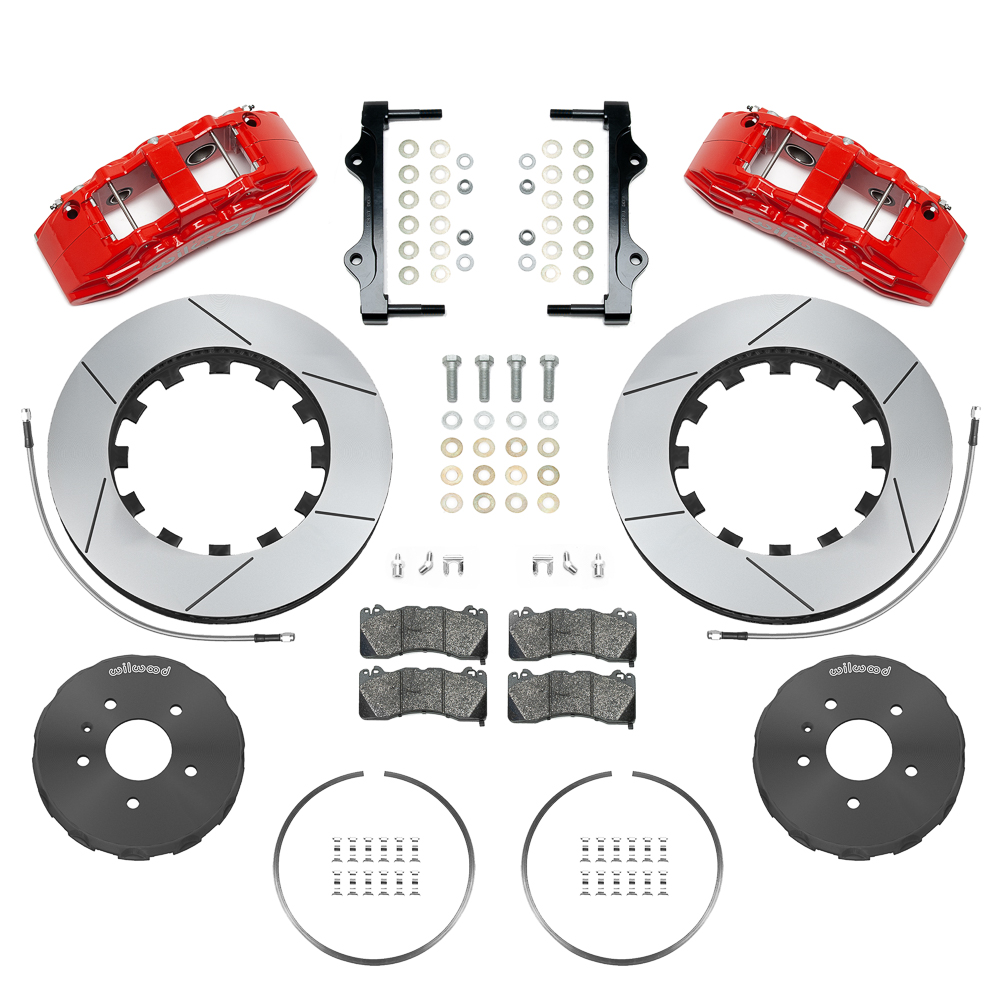 Wilwood SX6R Big Brake Dynamic Front Brake Kit Parts Laid Out - Red Powder Coat Caliper - GT Slotted Rotor