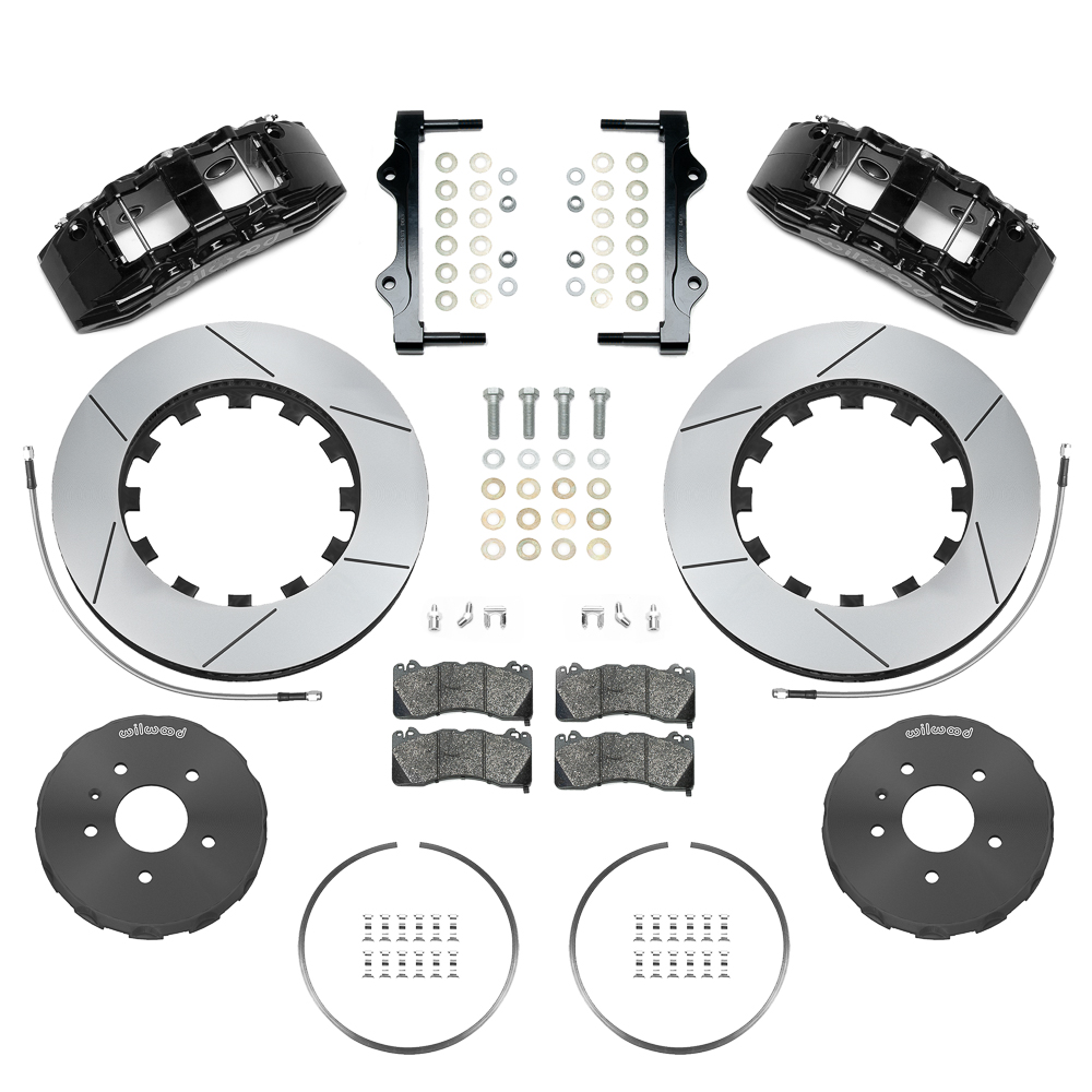 Wilwood SX6R Big Brake Dynamic Front Brake Kit Parts Laid Out - Black Powder Coat Caliper - GT Slotted Rotor