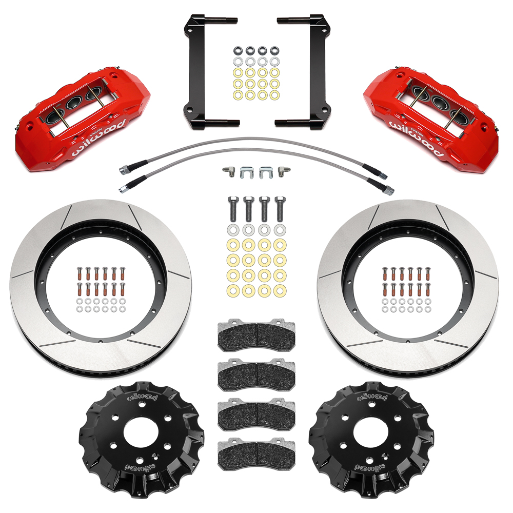 Wilwood TX6R Big Brake Truck Front Brake Kit Parts Laid Out - Red Powder Coat Caliper - GT Slotted Rotor