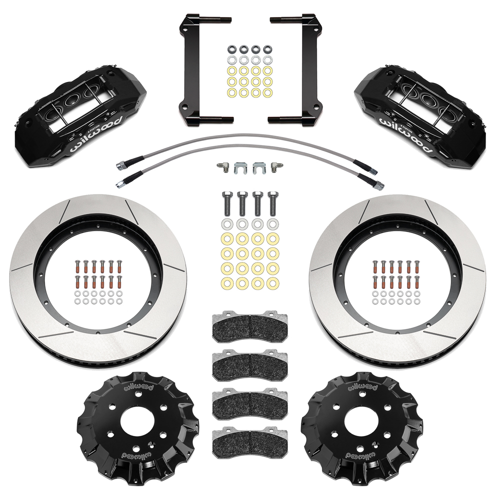 Wilwood TX6R Big Brake Truck Front Brake Kit Parts Laid Out - Black Powder Coat Caliper - GT Slotted Rotor