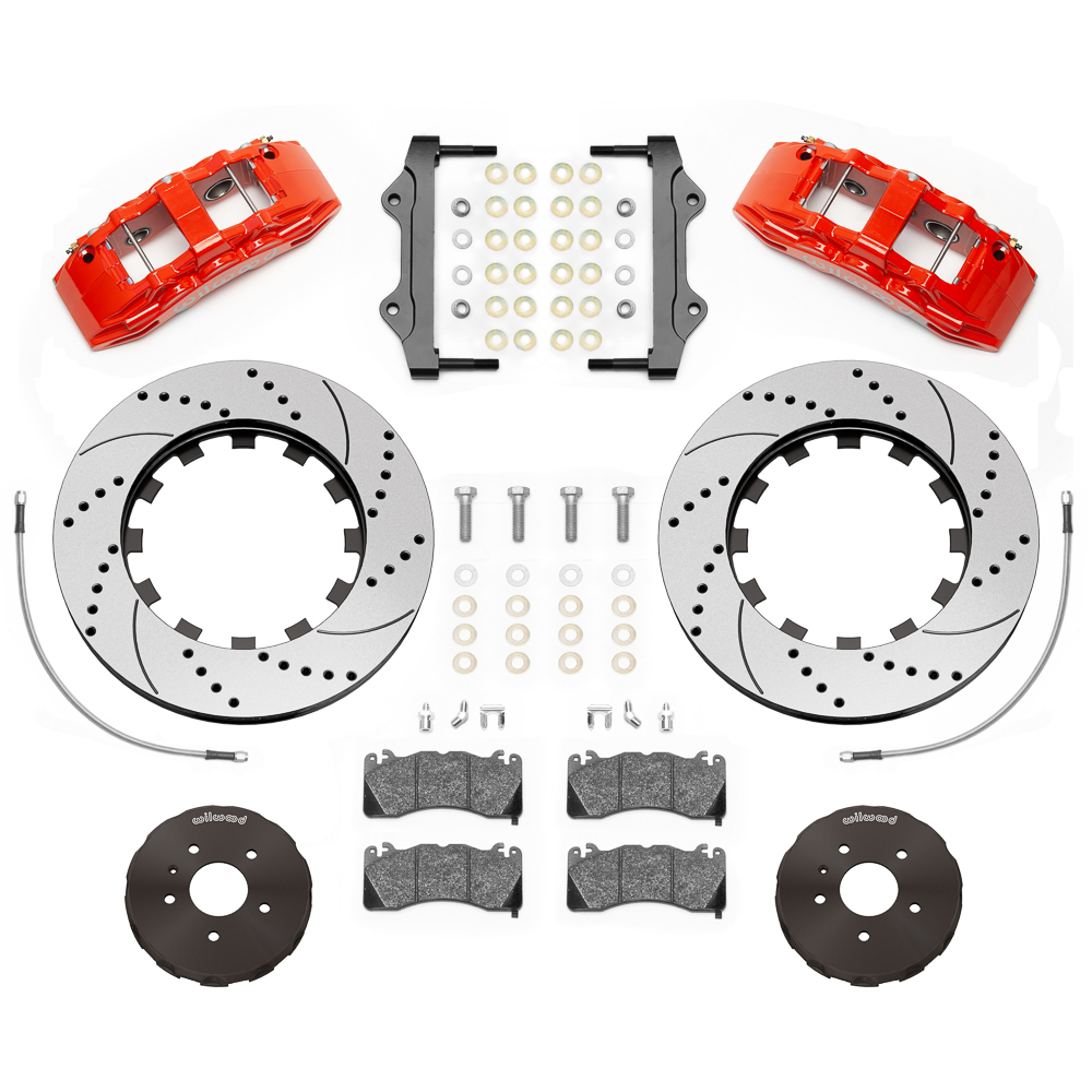 Wilwood SX6R Big Brake Dynamic Front Brake Kit Parts Laid Out - Red Powder Coat Caliper - SRP Drilled & Slotted Rotor