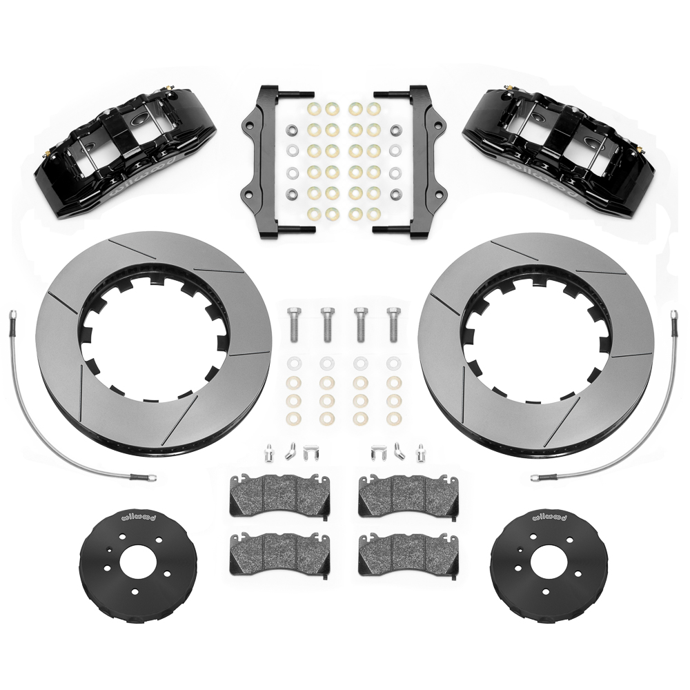 Wilwood SX6R Big Brake Dynamic Front Brake Kit Parts Laid Out - Black Powder Coat Caliper - GT Slotted Rotor