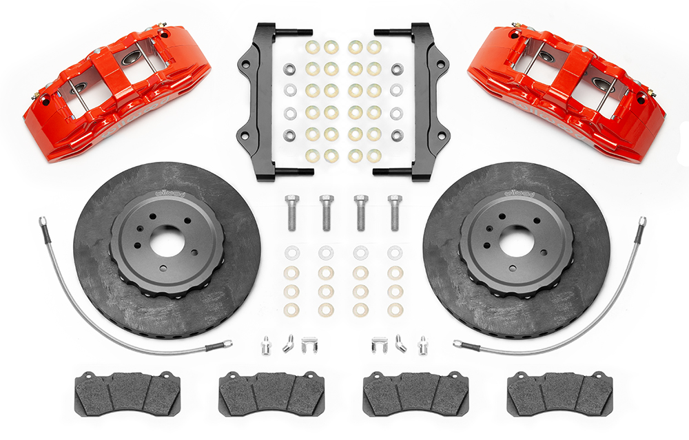 Wilwood SX6R WCCB Carbon-Ceramic Big Brake Front Brake Kit Parts Laid Out - Red Powder Coat Caliper - Plain Face Rotor