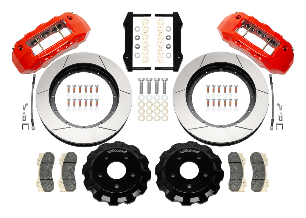 Wilwood TX6R Big Brake Truck Front Brake Kit Parts Laid Out - Red Powder Coat Caliper - GT Slotted Rotor