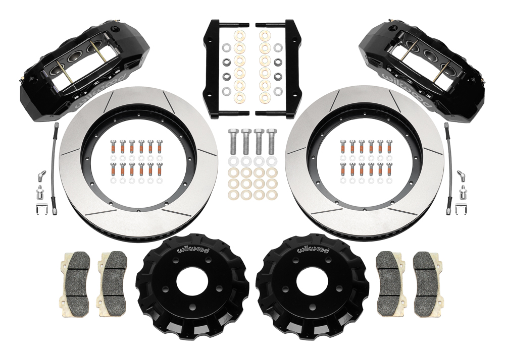 Wilwood TX6R Big Brake Truck Front Brake Kit Parts Laid Out - Black Powder Coat Caliper - GT Slotted Rotor