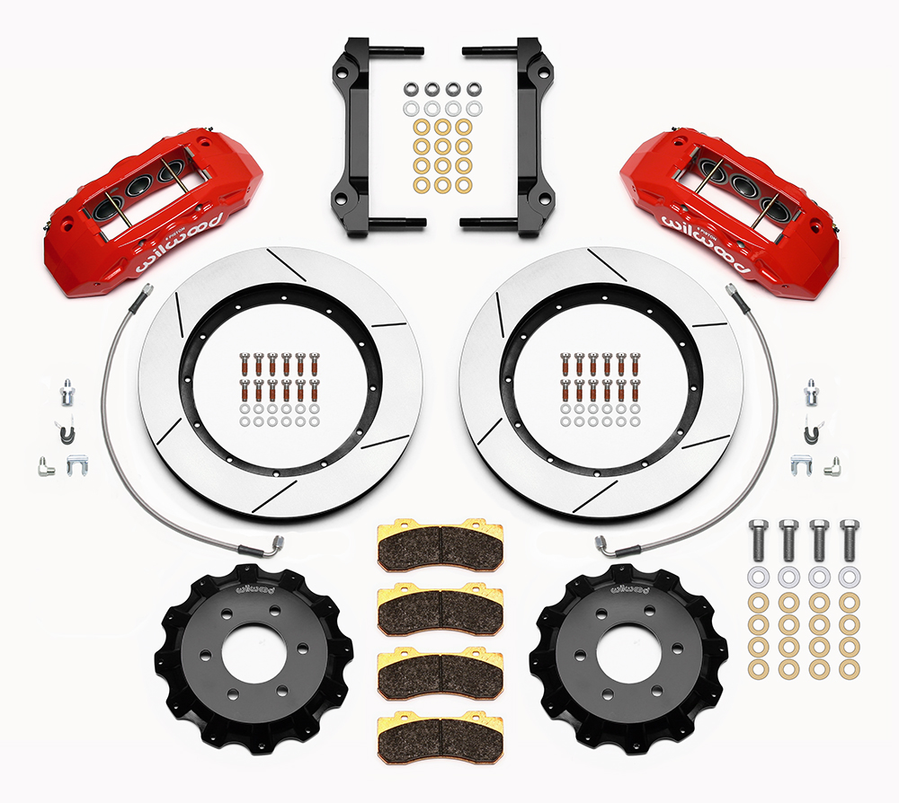 Wilwood TX6R Big Brake Truck Front Brake Kit Parts Laid Out - Red Powder Coat Caliper - GT Slotted Rotor