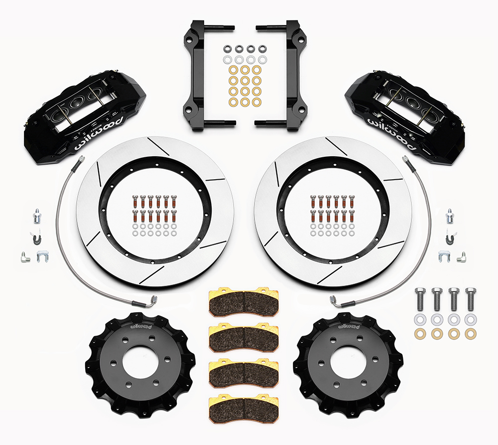 Wilwood TX6R Big Brake Truck Front Brake Kit Parts Laid Out - Black Powder Coat Caliper - GT Slotted Rotor