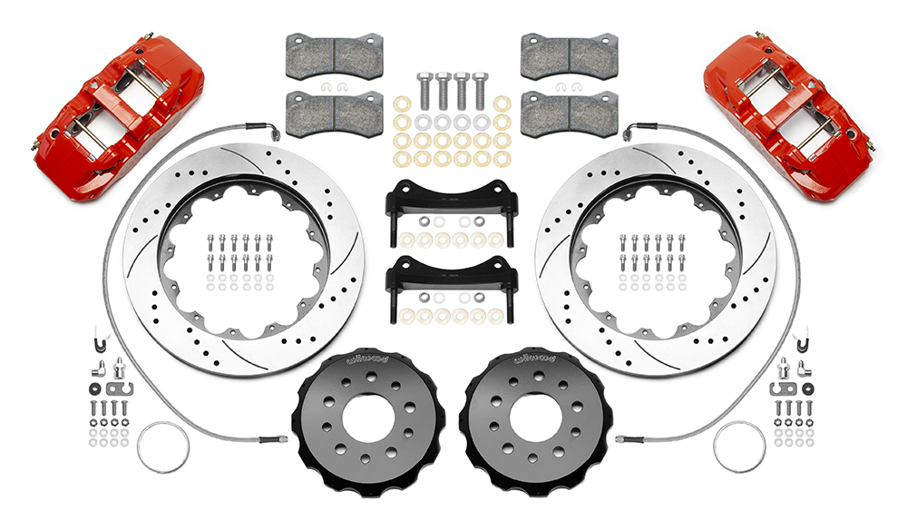 Wilwood AERO6 Big Brake Front Brake Kit Parts Laid Out - Red Powder Coat Caliper - SRP Drilled & Slotted Rotor