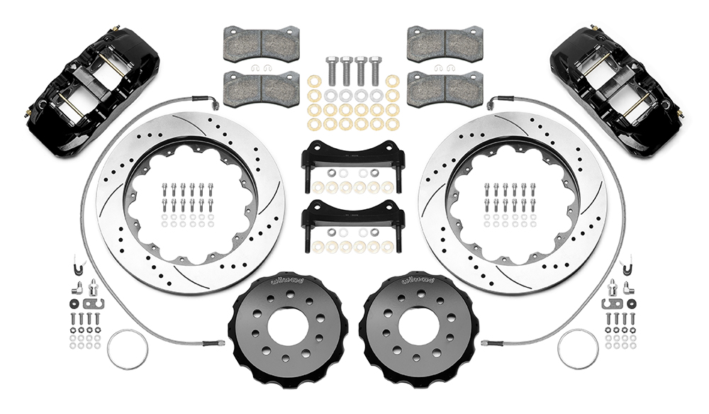 Wilwood AERO6 Big Brake Front Brake Kit Parts Laid Out - Black Powder Coat Caliper - SRP Drilled & Slotted Rotor