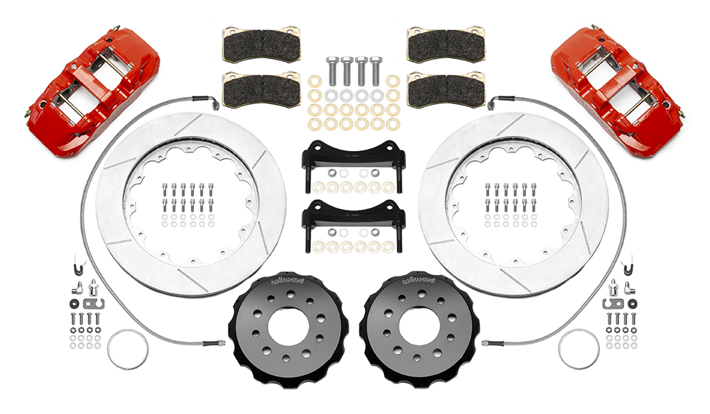 Wilwood AERO6 Big Brake Front Brake Kit Parts Laid Out - Red Powder Coat Caliper - GT Slotted Rotor