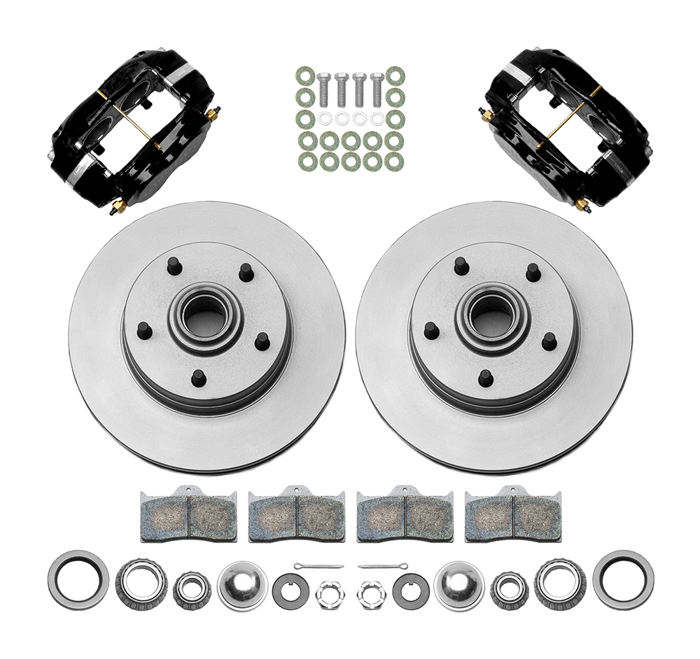 Wilwood Classic Series Dynalite Front Brake Kit Parts Laid Out - Black Powder Coat Caliper - Plain Face Rotor