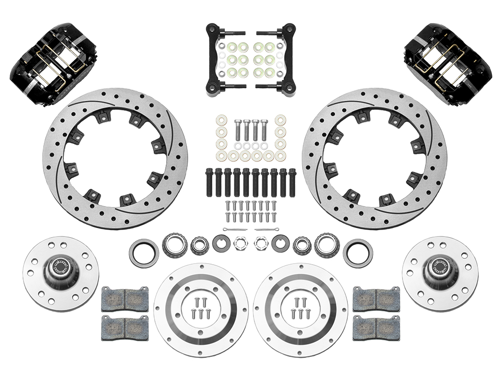 Wilwood Dynapro Radial Big Brake Front Brake Kit (Hub) Parts Laid Out - Black Powder Coat Caliper - SRP Drilled & Slotted Rotor