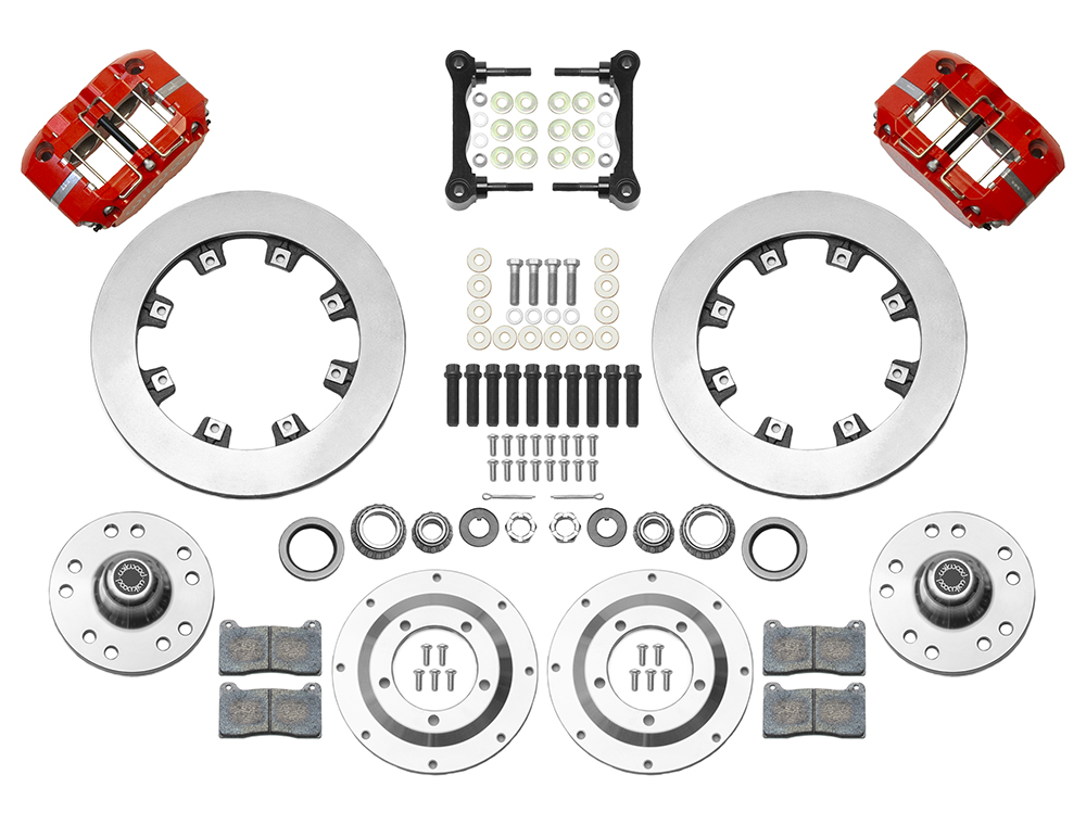 Wilwood Dynapro Radial Big Brake Front Brake Kit (Hub) Parts Laid Out - Red Powder Coat Caliper - Plain Face Rotor