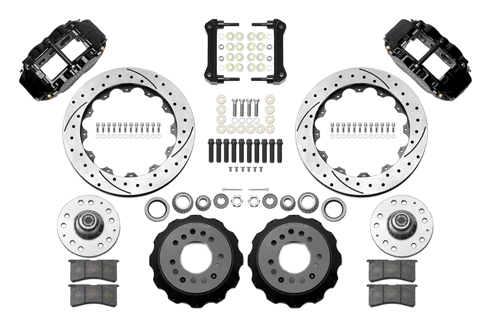 Wilwood Forged Narrow Superlite 6R Big Brake Front Brake Kit (Hub) Parts Laid Out - Black Powder Coat Caliper - SRP Drilled & Slotted Rotor