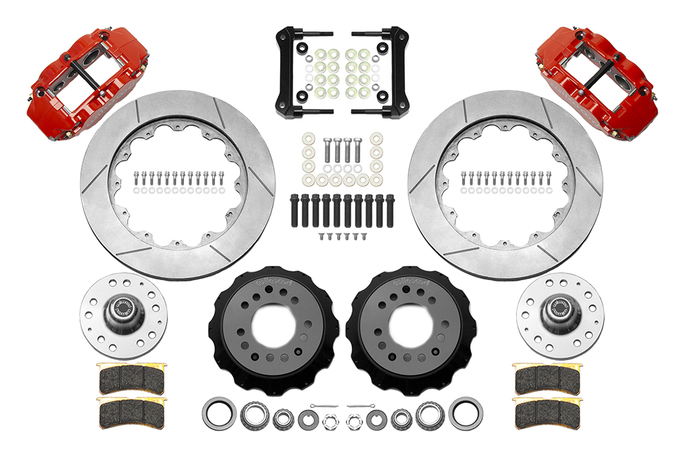 Wilwood Forged Narrow Superlite 6R Big Brake Front Brake Kit (Hub) Parts Laid Out - Red Powder Coat Caliper - GT Slotted Rotor