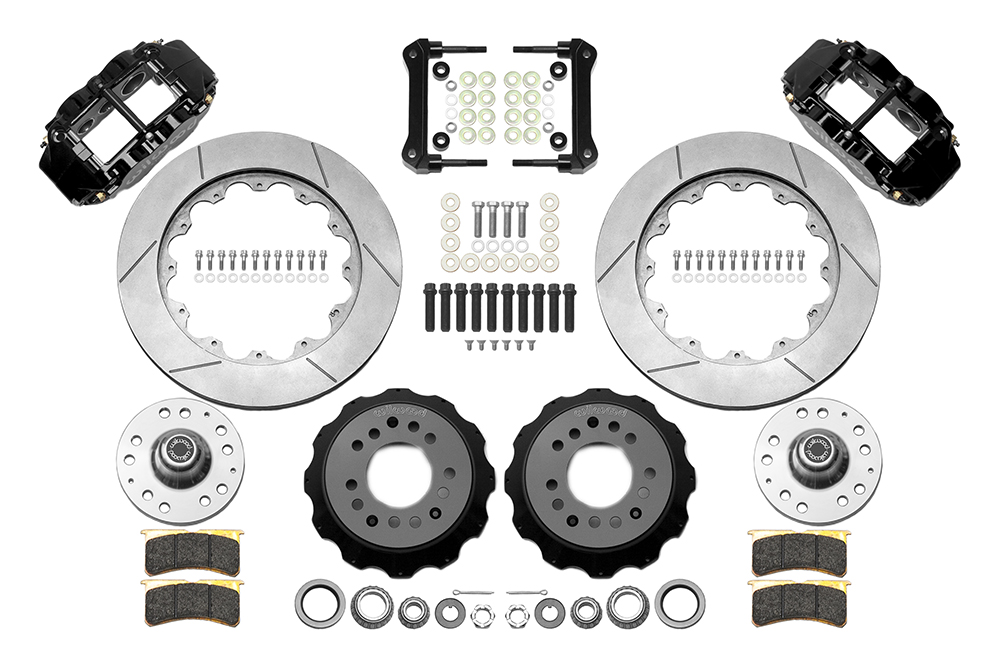 Wilwood Forged Narrow Superlite 6R Big Brake Front Brake Kit (Hub) Parts Laid Out - Black Powder Coat Caliper - GT Slotted Rotor