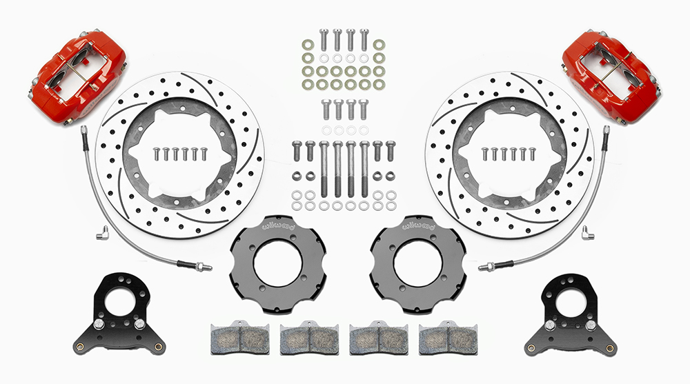 Wilwood Forged Dynalite Big Brake Front Brake Kit (Hat) Parts Laid Out - Red Powder Coat Caliper - SRP Drilled & Slotted Rotor